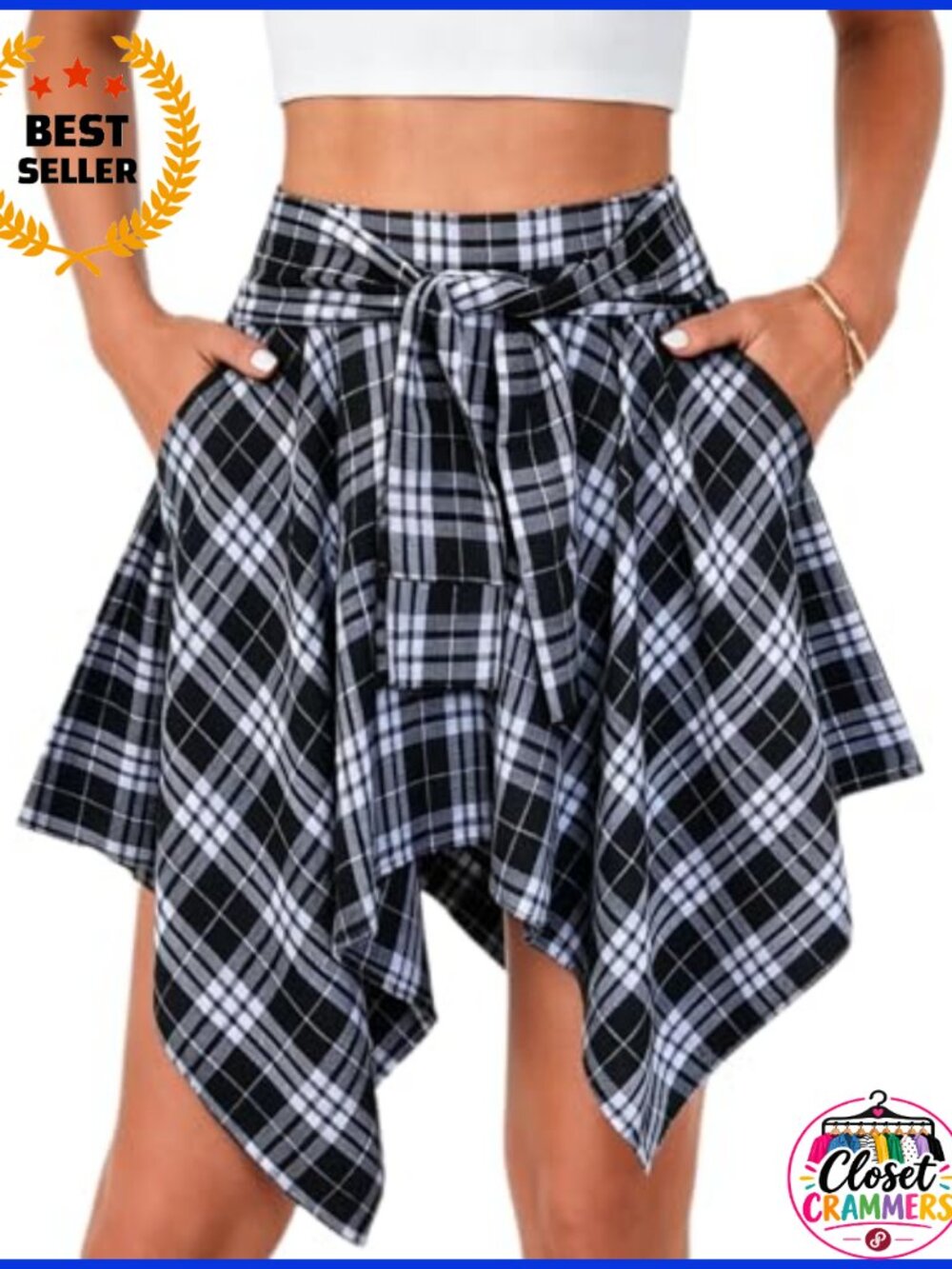 Plaid Pleated Asymmetrical Mini Skater Skirt Cotton Polyester Elastic Waist